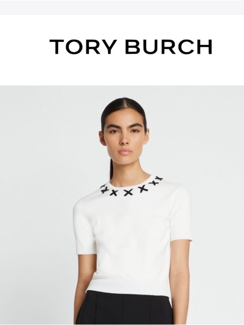 Tory Burch White Short-Sleeve Knit Top with Black X-Stitch Neck